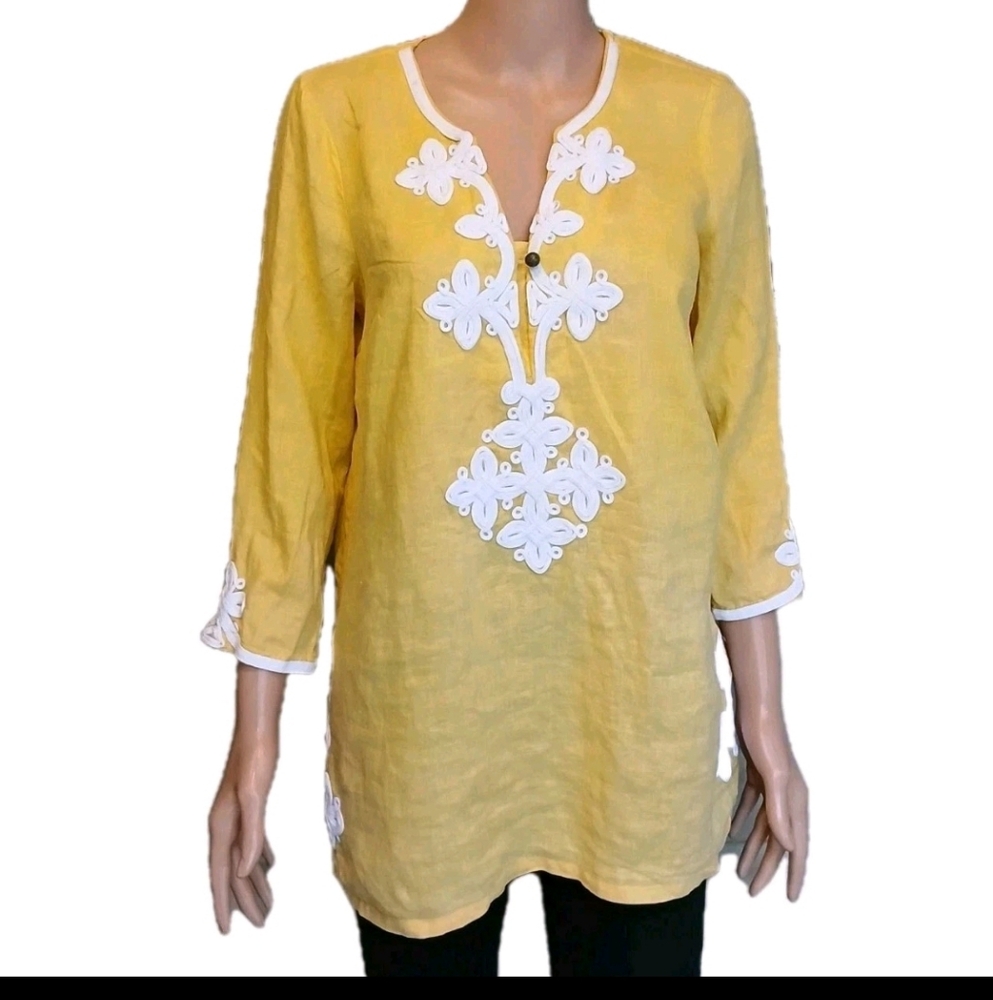 CHARTER CLUB Yellow & White Embroidered Women's  Blouse 3/4 Sleveles Sz M Linen